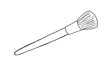 Makeup brush isolated on white background. Black and white outline doodle illustration of brush for blush, bronzer.