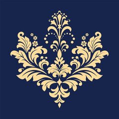 Damask graphic ornament. Floral design element. Gold and dark blue vector pattern