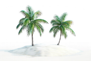 A pair of tropical palm trees leaning towards a pristine white sandy beach, creating a serene and...