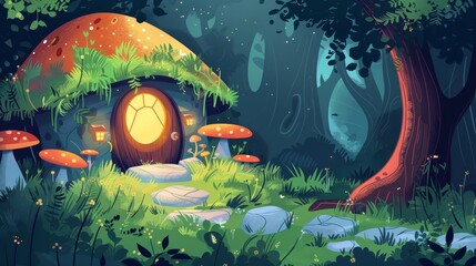The Gnome House in Summer Forest, a cartoon illustration of a folk tale woodland with ferns, mushrooms and moss on the roof, a neon light shining out of the round wooden doors and windows, and a - obrazy, fototapety, plakaty
