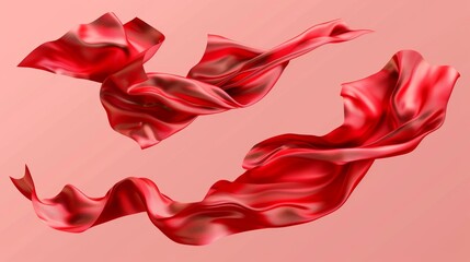 Red silk cloth ribbon is floating in air and waving in the wind. Breeze blowing soft smooth textile fabric pieces. Curve tissue drapery.