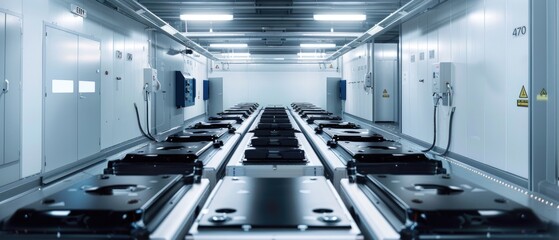 Insightful capture of vehicle battery cells arranged in a testing facility, underlining the precision and care in electric vehicle development