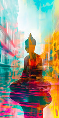 Buddha statue against a blurred urban backdrop, the motion blur symbolizes the bustling world around the serene focus of meditation. Vesak day