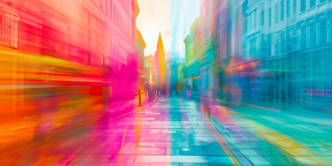 A colorful city street with a blurry rainbow background