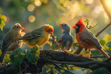 Close-up of birds of different species sharing branches in a tree, illuminated by soft, natural sunlight - Powered by Adobe
