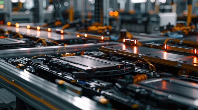 Detailed view of electric vehicle battery cells in an assembly line, focusing on the intricate connections and industrial setting