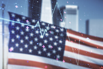 Abstract virtual heart rate sketch on US flag and city background, Medicine and healthcare concept. Multiexposure