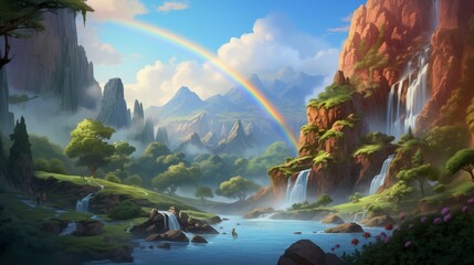 A majestic rainbow arching over a pristine waterfall