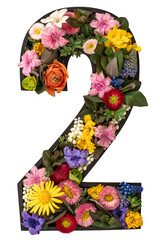 Number 2 made of real natural flowers and leaves on white background isolated.