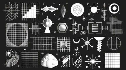 An abstract and waved shape in monochrome. Modern set of retro futuristic wireframe geometric forms and symbols.