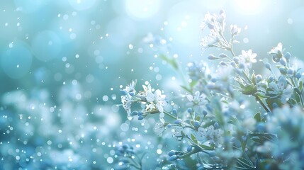 a gradient background fading from soft sky blue to gentle aquamarine, portrayed in full ultra HD against a dewy garden. - obrazy, fototapety, plakaty