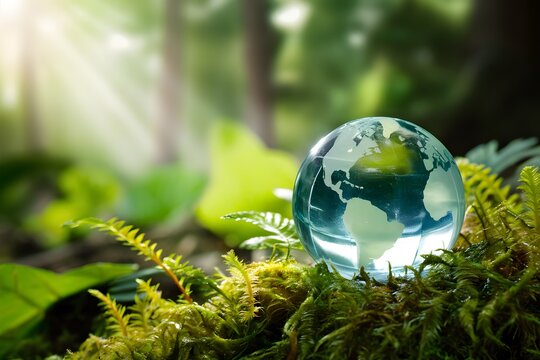 Glass globe of Earth in serene forest, sunlight filtering through trees, greenish hue