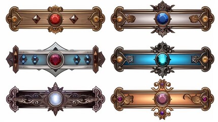A modern cartoon illustration of vintage silver and wooden borders with shiny surfaces and gem stones in the background of a medieval game rank frame set. - obrazy, fototapety, plakaty