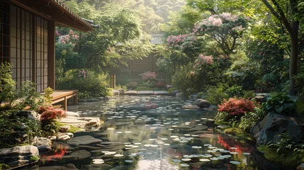 Foto op Canvas Tranquil Japanese Garden with Pond and Blooming Flowers © lin