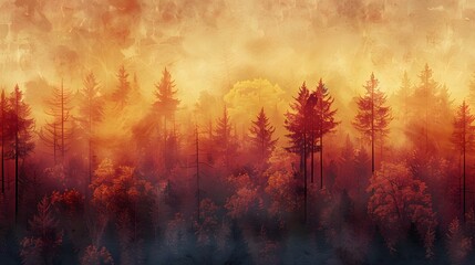 a gradient background shifting from rustic terracotta to deep burgundy, portrayed in high resolution against a forest ablaze with fall colors.