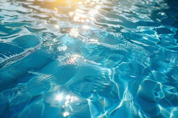 Abstract blue water background with sun reflection and ripples in a swimming pool, sunlight....