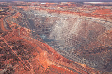 Open pit mining in Australia Kimberlite Femoston. Photo from drone over the quarry. Mining industry