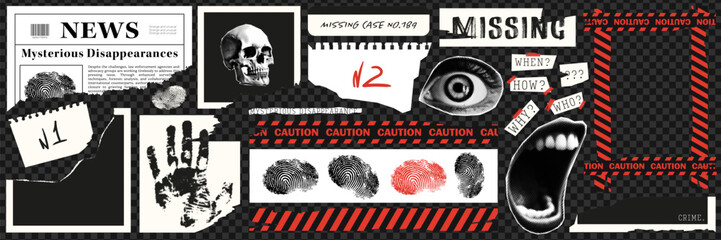 Trending elements for collage on a true crime, mysterious disappearance theme. Modern grunge design with halftone collage elements.