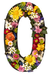 Number 0 made of real natural flowers and leaves on white background isolated.