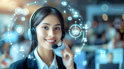 Customer Service woman whit headset surrounded by Virtual Interface Icons