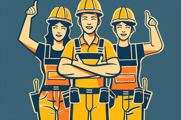 Construction Workers with Safety Gear Pointing Upwards Illustration