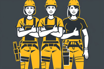 illustration vector of Construction Workers Team in Yellow and Black Uniforms Giving Thumbs Up on black background