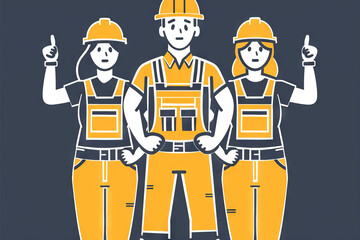 illustration of Professional Construction Team with Tools and Hard Hats on dark background