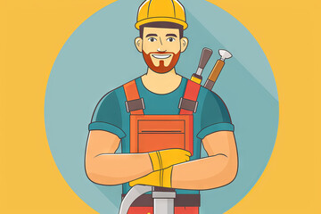 illustration of smiling Handyman with Tools and Hardhat Smiling Over Yellow Background