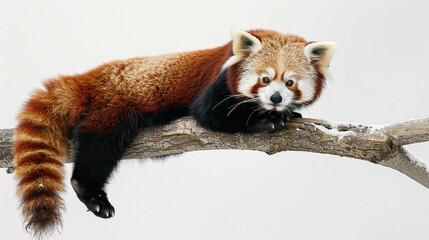 Adorable red panda perched on a branch, its fluffy tail curled, against a white backdrop.