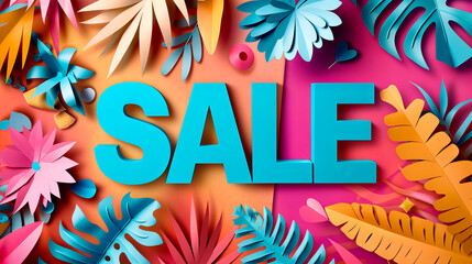 Paper Cut-Out SALE Sign with Tropical Leaves on a colorful Background