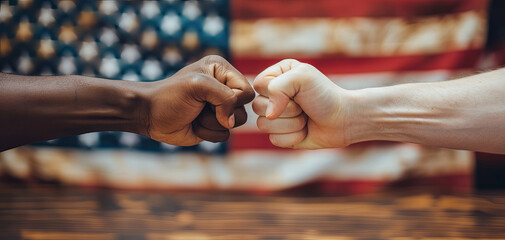 Symbolic Gesture of Racial Unity with a Fist Bump on American Flag background