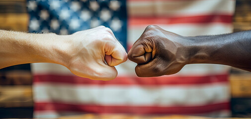 close up of Diverse Unity Concept with a Fist Bump Over Blurred American Flag Background