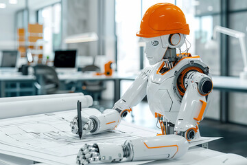 A robot architect with hardhat working on construction drawings in a Office Space