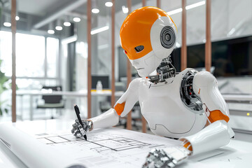 A Robot Construction Engineer Drafting Plans in Office