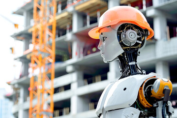 a Robot construction worker with safety hardhat standing on construction site