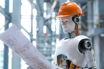 A robot architect with hardhat holding blueprint on Construction Site