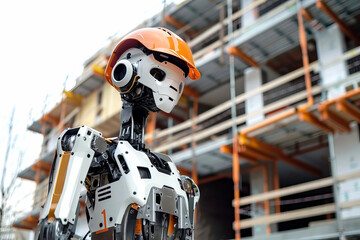 a robot with safety hardhat supervising the construction site with structure building on background