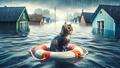 A vigilant cat perches on a lifebuoy, gazing out at a flooded neighborhood, a symbol of silent resilience awaiting rescue in flood