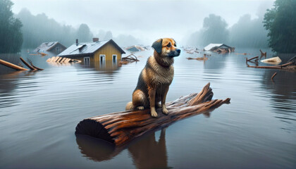 A lone dog stands resolutely on a log against the backdrop of a flood, its stance belying a serene calm as it awaits rescue - 791869380