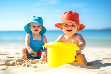 slow motion video of Two Happy Babies Playing with a Yellow Bucket on Sandy Beach