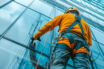 Industrial repairing and cleaning worker in Safety Harness Washing High-Rise Windows