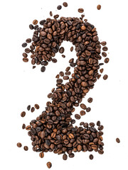 Number 2 made from roasted coffee beans on white isolated background.