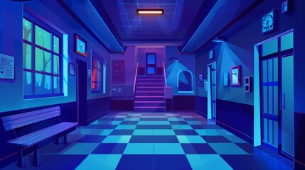 School hallway at night in moonlight. Cartoon modern dark corridor interior with stairs and window, classroom entrance and lockers, noticeboard, bell, clock and fire safety kit.