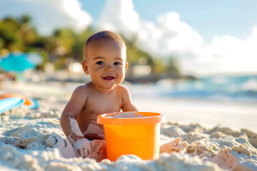 Smiling Baby Boy with Orange Bucket sitting on Tropical sandy Beach