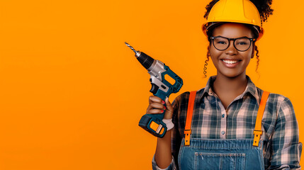 Smiling Black woman Constructor with Power Drill on yellow background