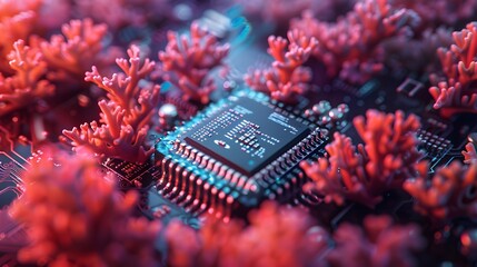 a microcontroller against a gradient coral backdrop, portrayed in stunning full ultra HD with high resolution.