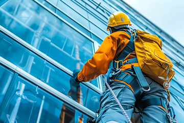 Industrial Window Cleaner Working with Harness on a Glass Facade