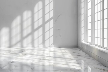 Abstract white background with light shadows from window on wall and floor. Minimalist. Bright room