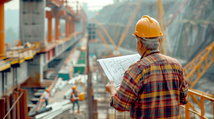back view of Engineer with hard hat Analyzing Construction Blueprints at Bridge Site