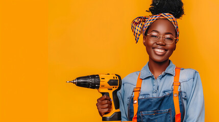 Happy African American Woman with Drill on Yellow Background